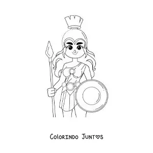 Desenho para colorir da deusa Atena com seu capacete e escudo em um estilo animado