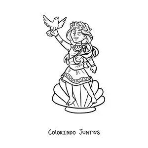 Desenho para colorir da deusa Afrodite animada com uma concha do mar e uma pomba