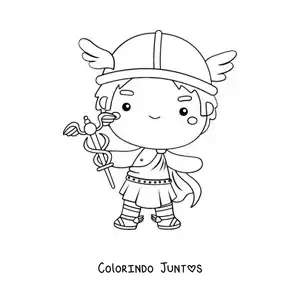 Desenho para colorir do deus Hermes animado kawaii com seu caduceu