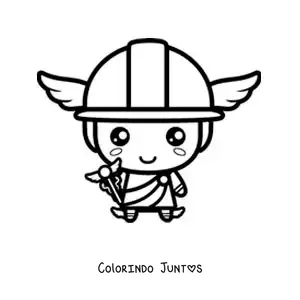 Desenho para colorir de Hermes kawaii com seu capacete e seu bastão