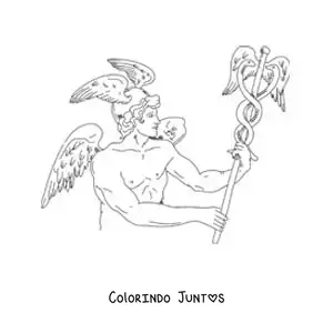 Desenho para colorir do deus mensageiro Hermes realista segurando seu bastão