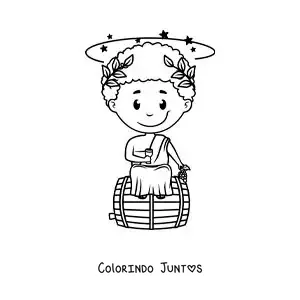 Desenho para colorir do deus Dionísio animado kawaii sentado sobre um barril de vinho