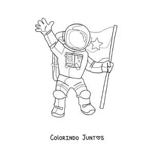 Desenho para colorir de um astronauta com roupa espacial acenando e segurando uma bandeira