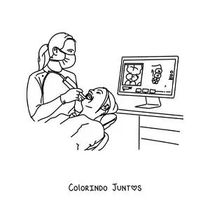 Desenho para colorir de uma dentista mulher e um paciente na cadeira de consultório