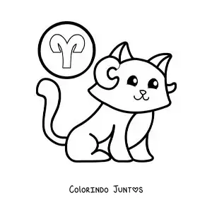 Desenho para colorir de gato animado do signo de Áries com seu símbolo