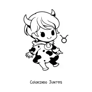 Desenho para colorir de menina do signo de Touro animada kawaii com seu símbolo