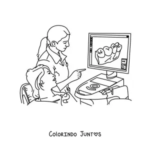 Desenho para colorir de uma dentista mostrando a um paciente seus dentes em uma tela