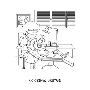 Desenho para colorir de uma dentista e um menino no consultório odontológico