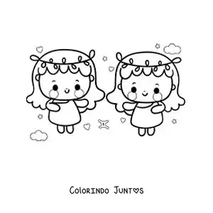 Desenho para colorir de gêmeas do signo de Gêmeos kawaii com seu símbolo