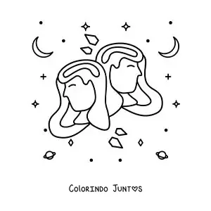 Desenho para colorir de meninas do signo de Gêmeos com estrelas e astros