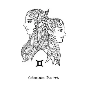 Desenho para colorir de mandala de meninas do signo do zodíaco de Gêmeos