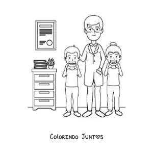 Desenho para colorir de um dentista infantil e duas crianças
