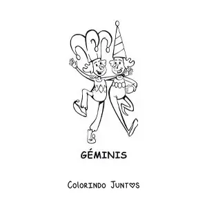 Desenho para colorir de caricatura de dois palhaços do signo de Gêmeos