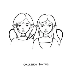 Desenho para colorir de duas meninas animadas do signo de Gêmeos de fantasia