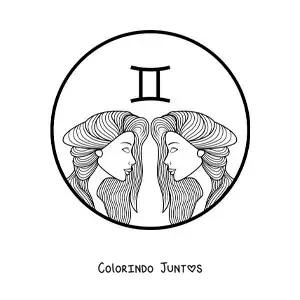 Desenho para colorir do rosto de duas lindas meninas do signo de Gêmeos com seu símbolo
