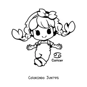 Desenho para colorir de menina do signo de Câncer animada kawaii com seu símbolo