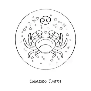 Desenho para colorir de caranguejo do signo do zodíaco de Câncer com seu símbolo e estrelas