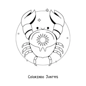 Desenho para colorir de caranguejo do signo de Câncer animado com um sol e estrelas