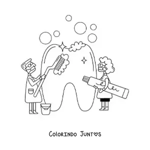 Desenho para colorir de dois dentistas limpando um dente gigante