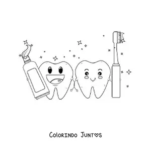 Desenho para colorir de dois dentes animados segurando uma escova e uma pasta de dente