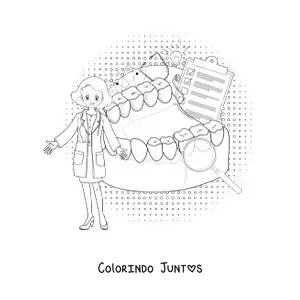 Desenho para colorir de uma dentista ao lado de itens de higiene bucal