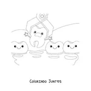 Desenho para colorir de um dente animado kawaii sendo extraído da dentadura