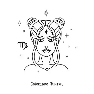 Desenho para colorir de mulher do signo de Virgem com estrelas e seu símbolo