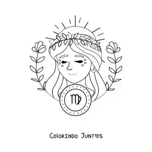 Desenho para colorir de linda deusa do signo de Virgem animada com seu símbolo e flores