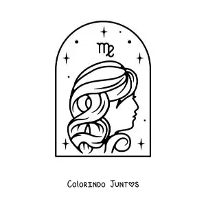 Desenho para colorir de menina do signo de Virgem com seu símbolo e estrelas
