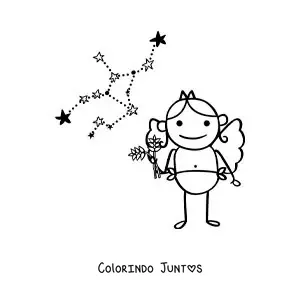 Desenho para colorir de caricatura de um personagem do signo de Virgem com sua constelação