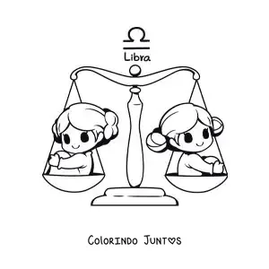 Desenho para colorir de símbolo do signo de Libra com duas meninas kawaii animadas