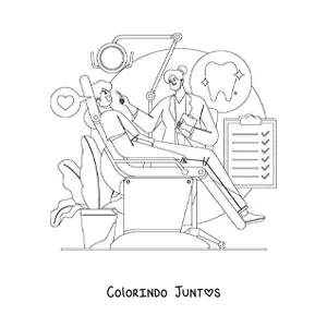 Desenho para colorir de uma dentista e um paciente no consultório odontológico