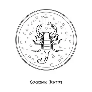 Desenho para colorir do signo do zodíaco Escorpião com seu símbolo e estrelas