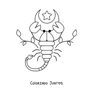 Desenho para colorir do signo de Escorpião animado com uma lua e folhas