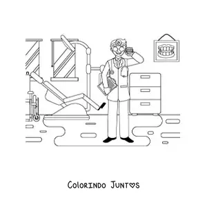 Desenho para colorir de um dentista no consultório odontológico