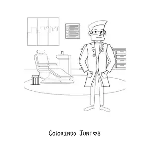 Desenho para colorir de um dentista em seu consultório odontológico