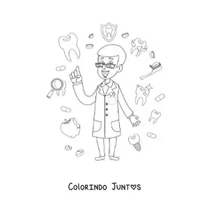 Desenho para colorir de um dentista conscientizando sobre a higiene dental