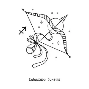 Desenho para colorir de arco e flecha de Sagitário com seu símbolo e estrelas