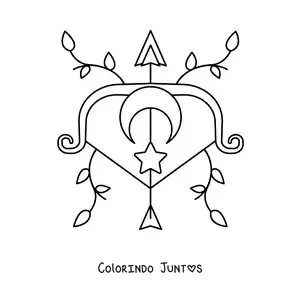 Desenho para colorir de símbolo de Sagitário animado com folhas e astros
