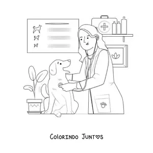 Desenho para colorir de uma veterinária examinando um cachorro