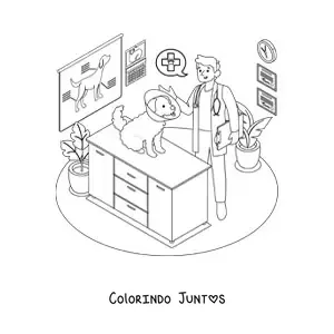 Desenho para colorir de um cachorro e um veterinário na clínica