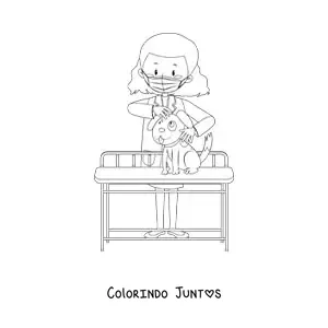 Desenho para colorir de uma veterinária com máscara examinando um cachorro