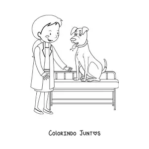 Desenho para colorir de uma veterinária com um cachorro em uma maca