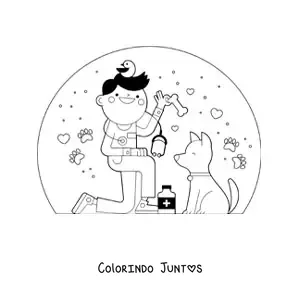 Desenho para colorir de um veterinário animado ao lado de um cachorro