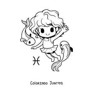 Desenho para colorir de menina kawaii animada do signo de Peixes com dois peixes