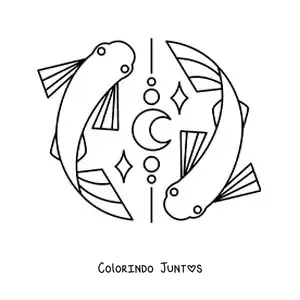 Desenho para colorir dos peixes do signo de Peixes animados com uma lua