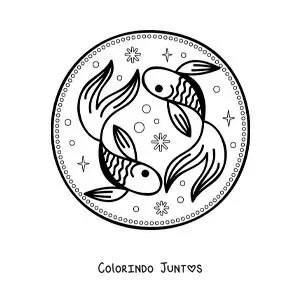 Desenho para colorir de dois peixes do signo de Peixes animados com estrelas para crianças