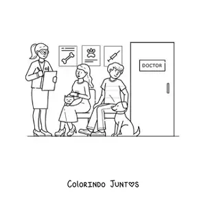 Desenho para colorir de pacientes na sala de espera de uma clínica veterinária