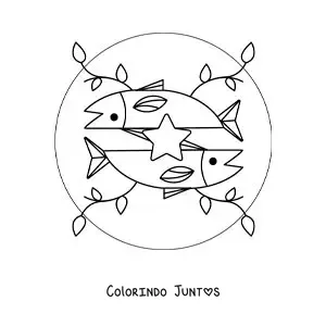 Desenho para colorir de símbolo do signo de Peixes animado com folhas