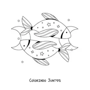 Desenho para colorir dos dois peixes do signo de Peixes com estrelas